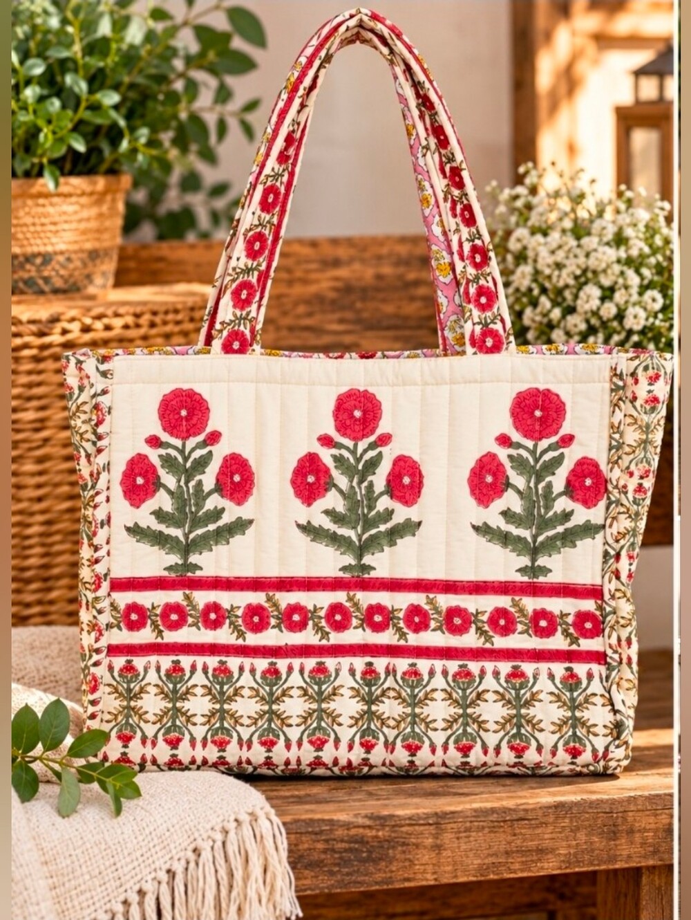 NEW!! POL Floral Quilted Tote Bag in Red and Green, NWT